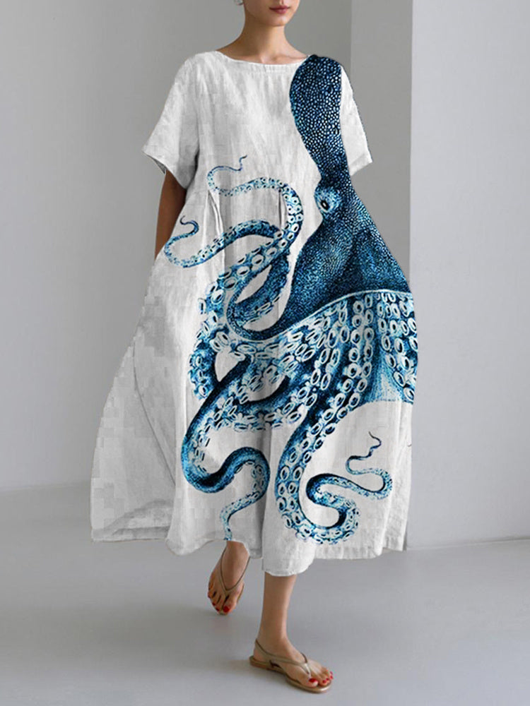Comstylish Octopus Ocean Art Linen Blend Maxi Dress