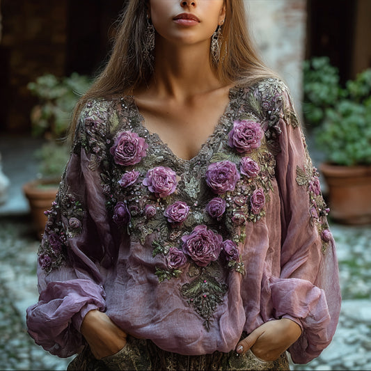 Comstylish Bohemian Style Embroidered Plant Flower V-neck Long-sleeved Casual Vintage Top