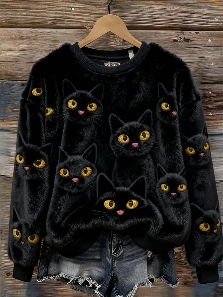 Fuzzy Lovely Black Cats Cozy Plush Sweatshirt elevenforest
