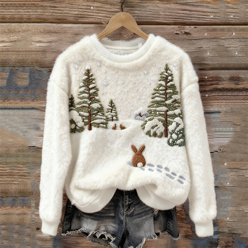 Bunnies Snowy Forest Landscape Cozy Plush Sweatshirt