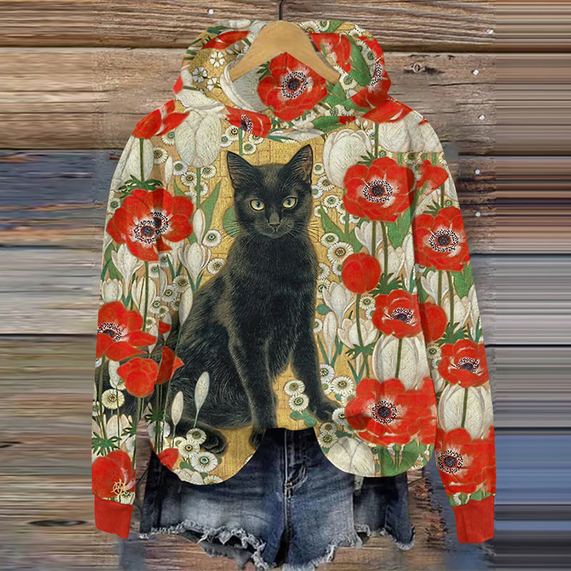 Vintage Cute Black Cat Floral Art Print Hoodie elevenforest