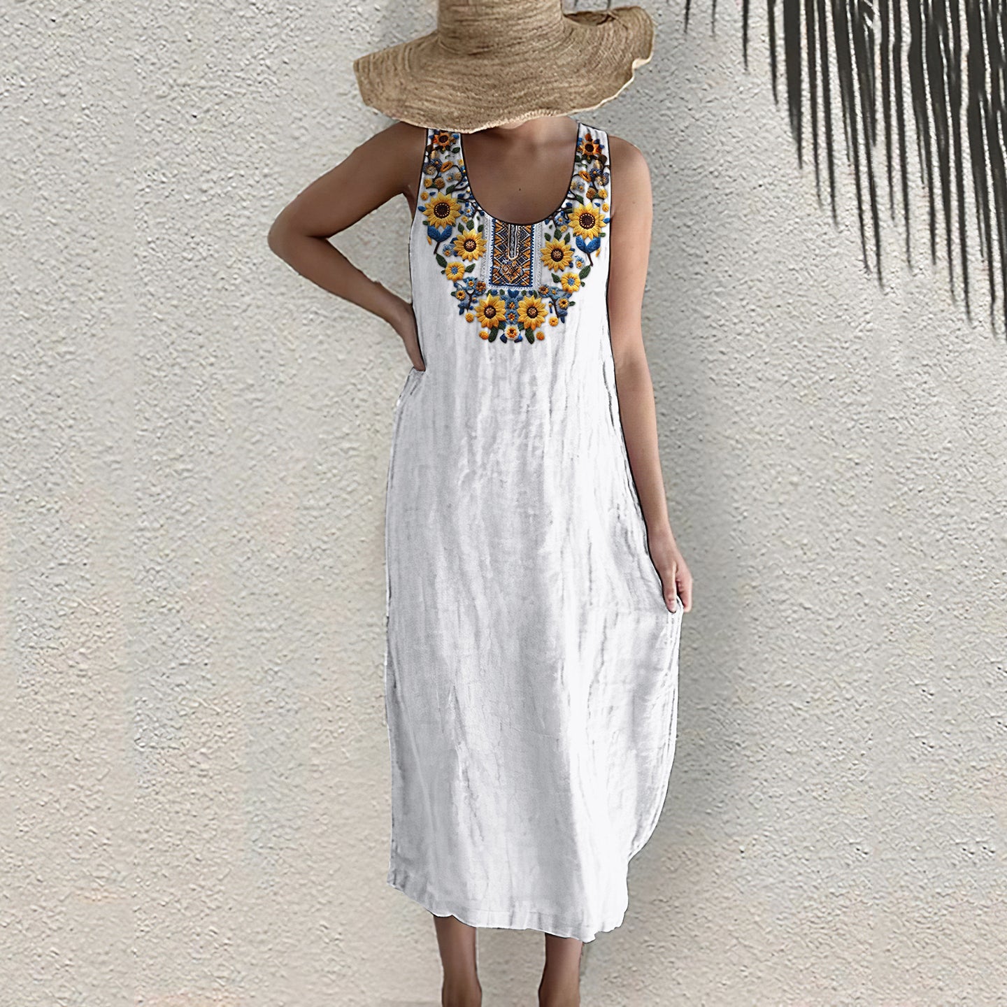 Ukrainian Sunflower Art Pattern Linen Tank Dress artswardrobe