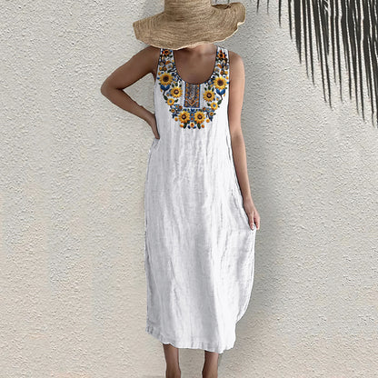 Ukrainian Sunflower Art Pattern Linen Tank Dress artswardrobe