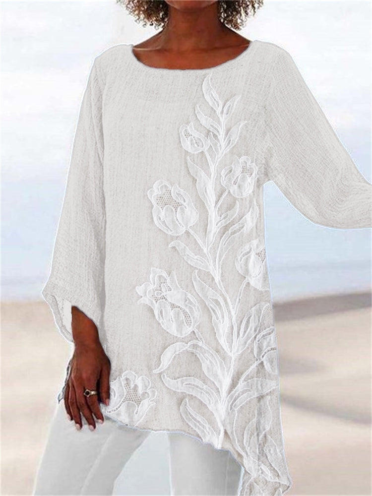 Comstylish Classy Tulips Embroidered Lace Linen Blend Flowy Tunic