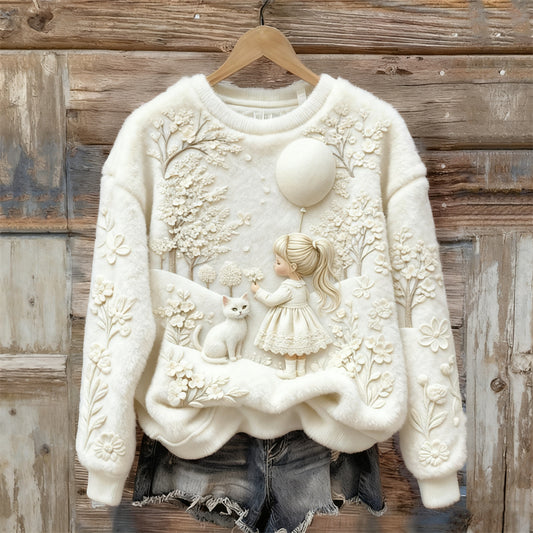 Little Girl & Cat Winter Floral Landscape Cozy Plush Sweatshirt