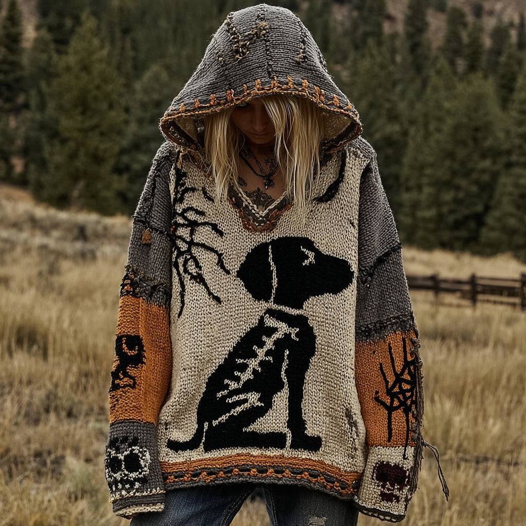 Comstylish Halloween Dog Spiderweb Patchwork Stitched Cozy Knit Hoodie