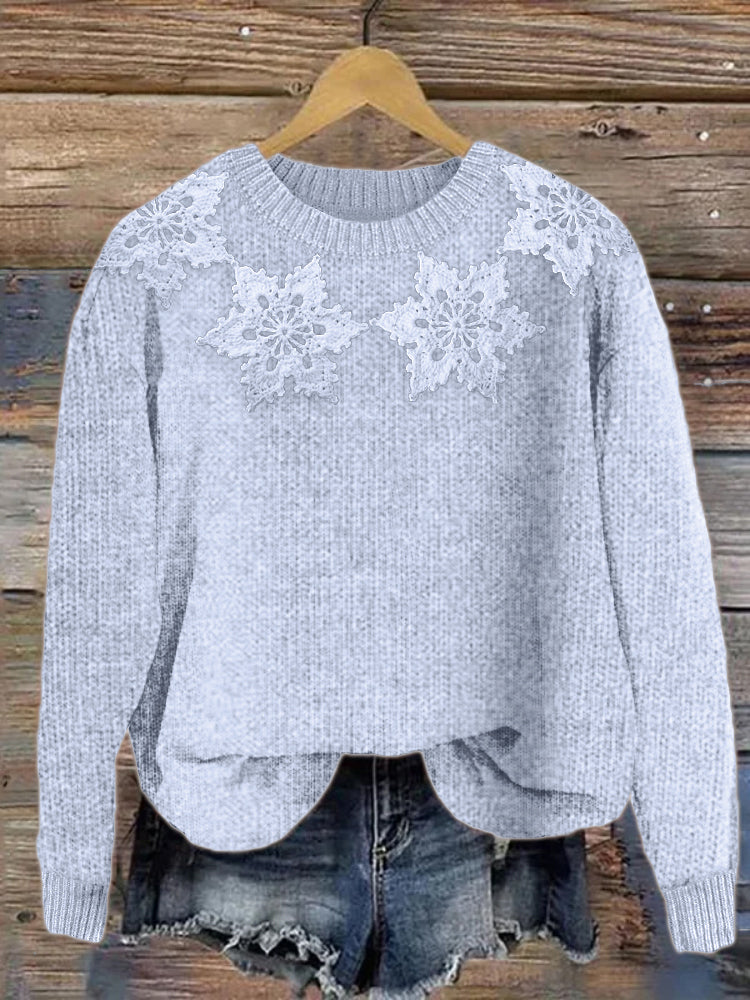 Classy Snowflakes Yoke Crochet Cozy Knit Sweater artswardrobe