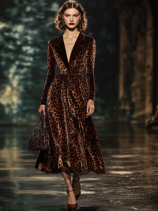 Lapel Fashion Party Leopard Print Velvet Long Sleeve Midi Dress