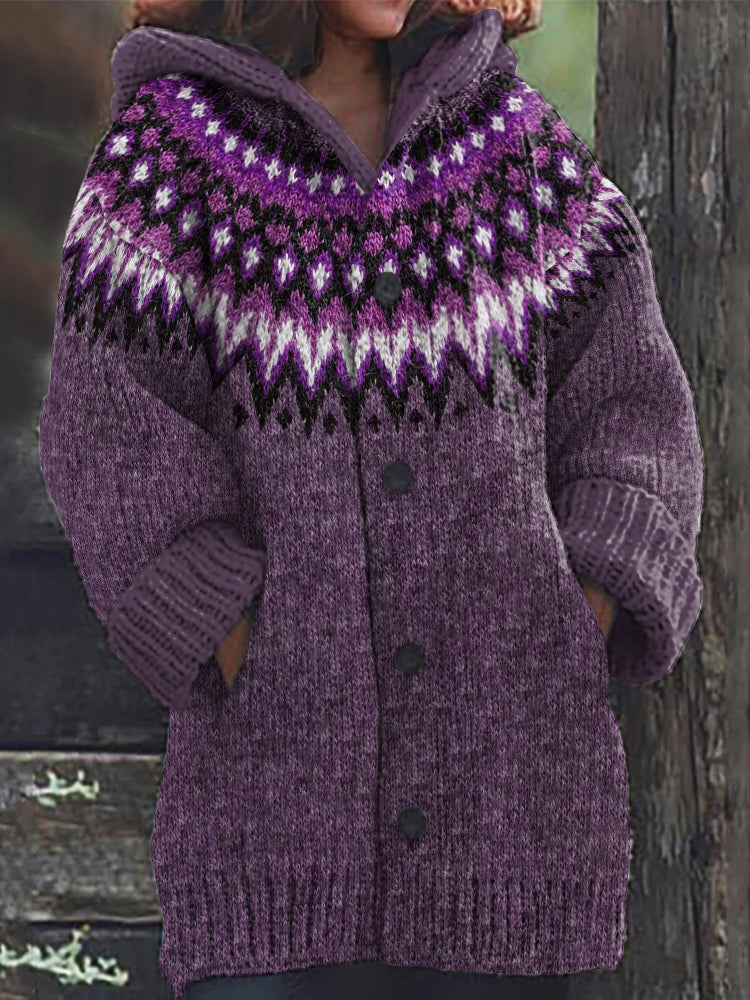 Retro Geometric Contrast Pattern Hooded Sweater Cardigan elevenforest