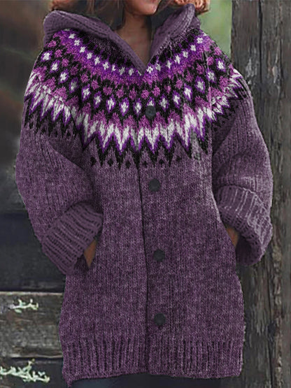 Retro Geometric Contrast Pattern Hooded Sweater Cardigan elevenforest