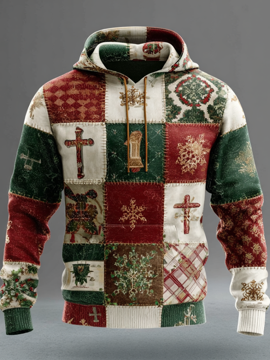 Comstylish Christmas Retro Element Patch Design Men's Hooded Sweatshirt