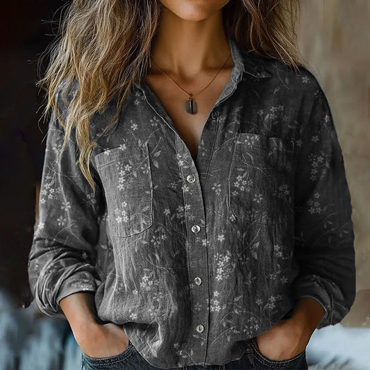 Comstylish Bohemian Style Floral Linen Print Long Sleeve Shirt