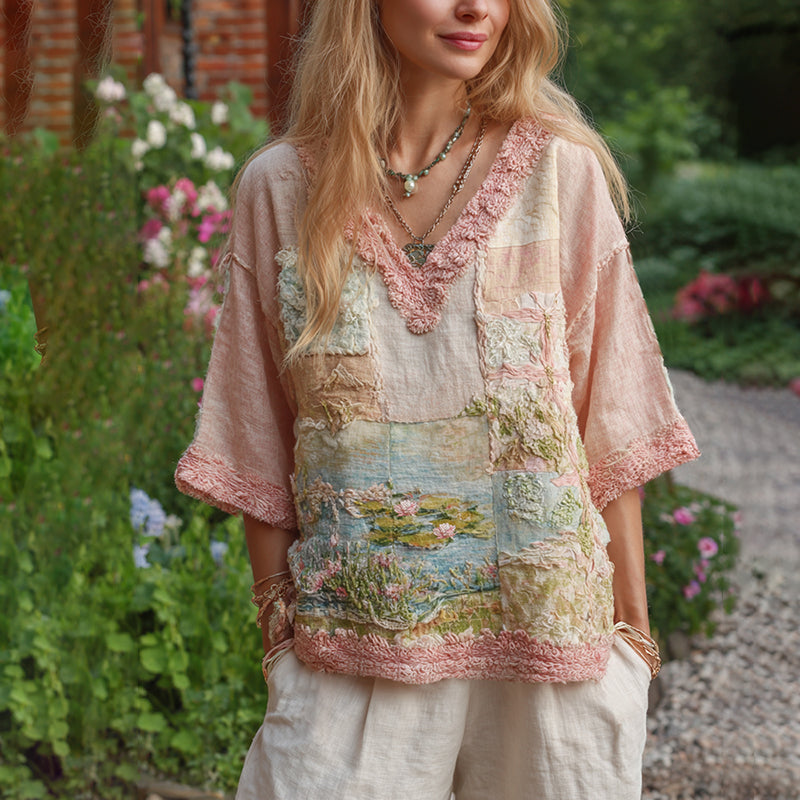 Women's Oil Painting Water Lily Inspired Patchwork Comfy Middle Sleeve Shirt artswardrobe
