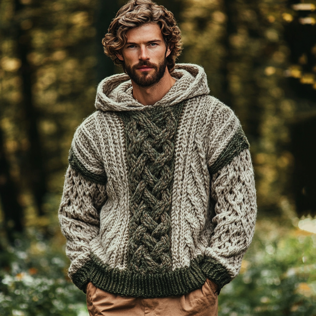 Men's Irish Celtic Knotted Chunky Knit Jacquard Hooded Sweater elevenforest