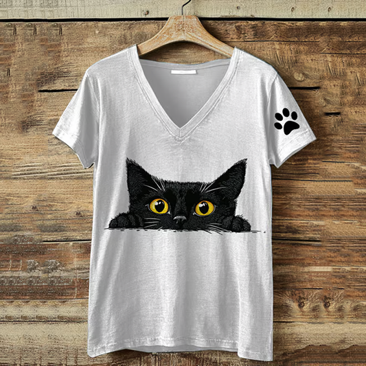 Comstylish Abstract Creative Cute Cat Printed V Neck T-shirt