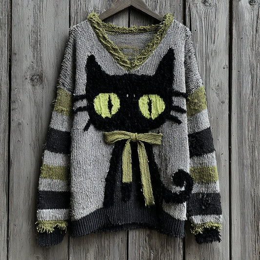 Halloween Black Cat Striped Knit V-neck Sweater artswardrobe