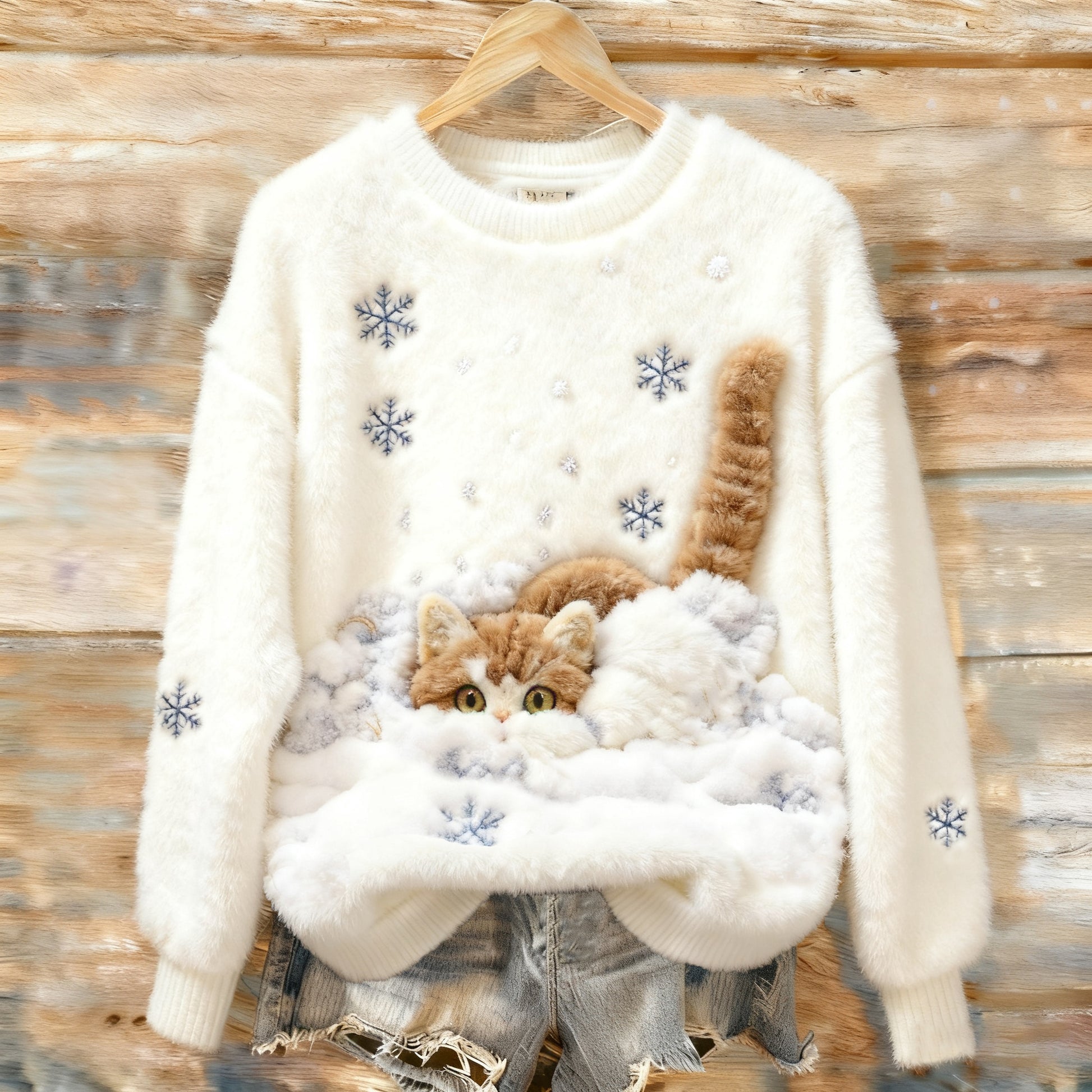 Comstylish Lovely Cat In The Snow Round Neck Plush Knitted Sweaters