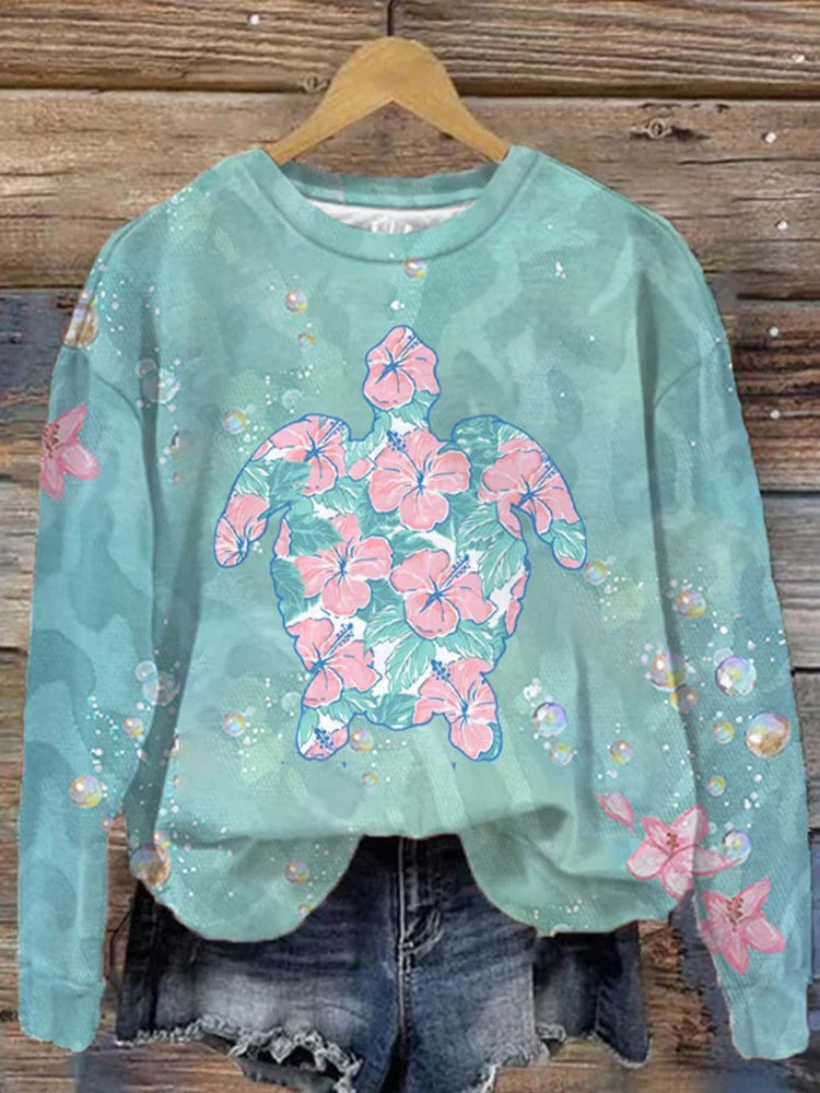 Comstylish Women's Hawaii Hibiscus Sea Turtle Printed Sweatshirt
