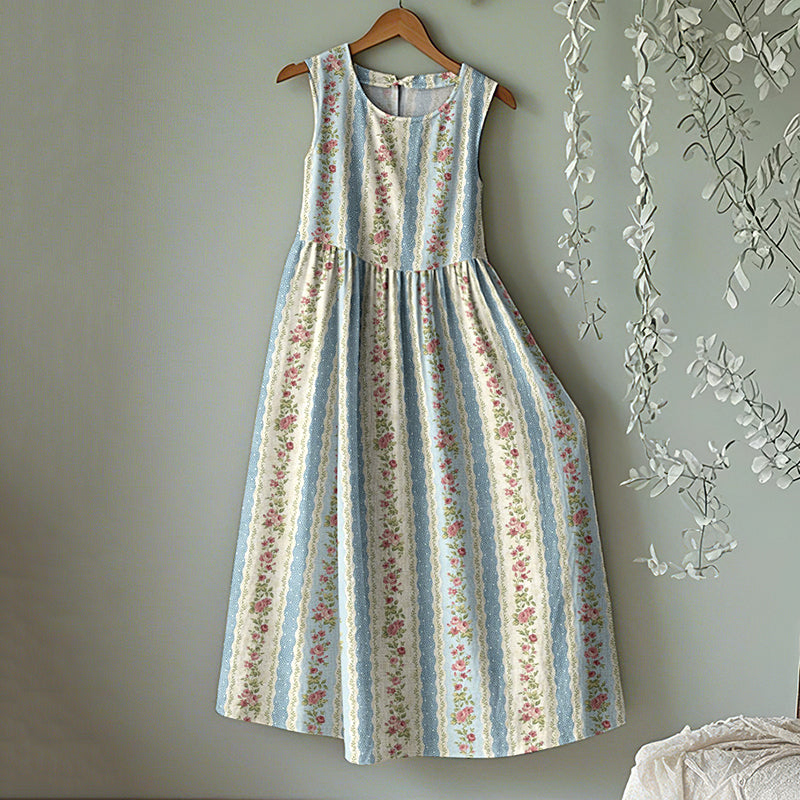 Vintage Floral Round Neck Sleeveless Midi Dress artswardrobe