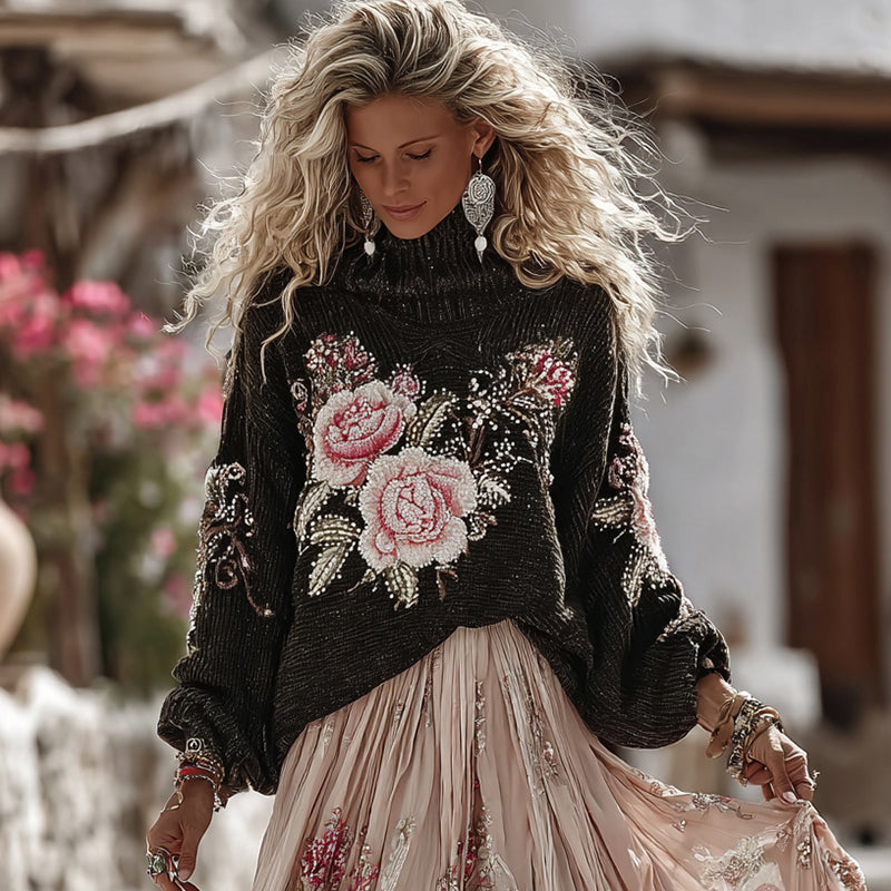 Vintage Rose In White Art Cozy Knit Turtleneck Sweater And Linen Skirt Two-piece Set artswardrobe