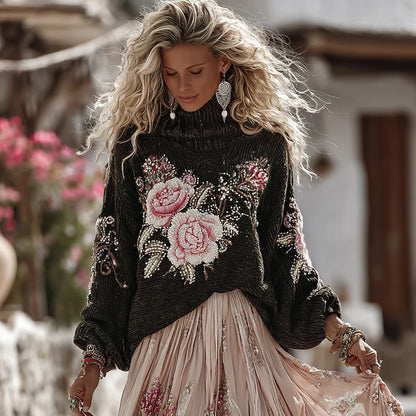 Vintage Rose In White Art Cozy Knit Turtleneck Sweater And Linen Skirt Two-piece Set artswardrobe