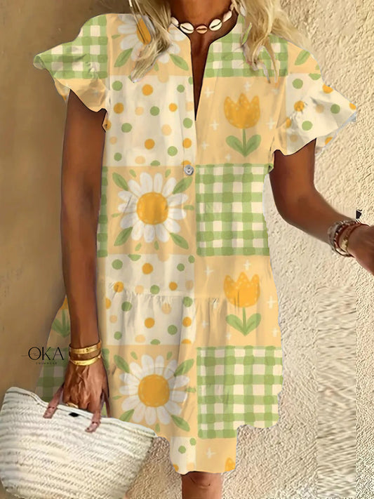 Flower Art Print Ruffled Short-sleeved V-neck Buttoned Dress Vacation Beach Dress