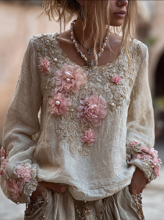 Comstylish Women's Pink Embroidered Vintage Long-sleeved Round-neck Top