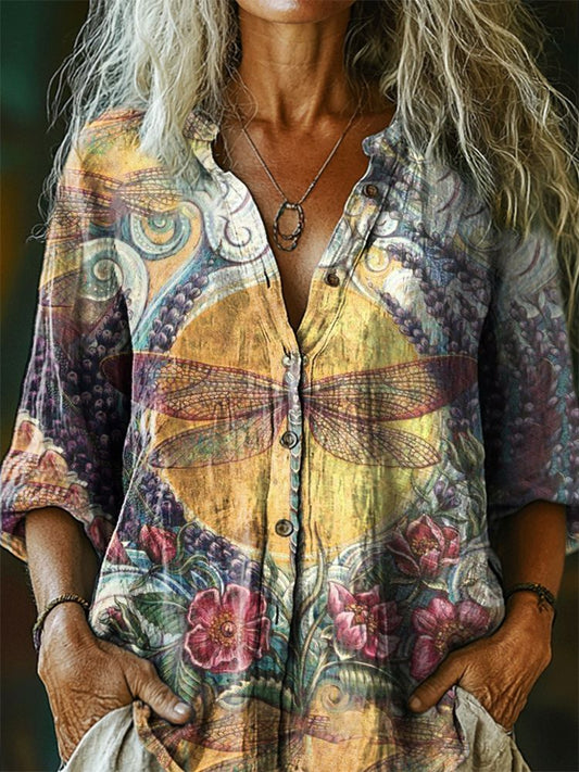 Women's Vintage Floral Dragonfly Pattern Art Print Linen Cotton Casual
