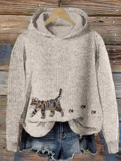 Cat & Paw Prints Embroidered Cozy Knit Hooded Sweater elevenforest