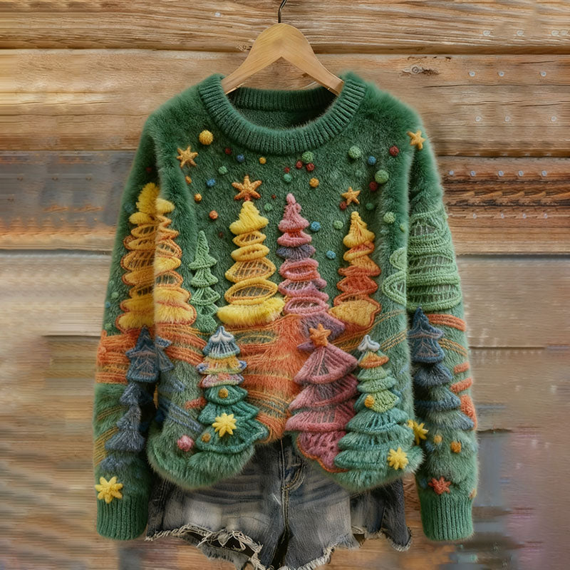 Women's  Colorful Christmas Tree Embroidery Art Comfort Plush Sweatshirt