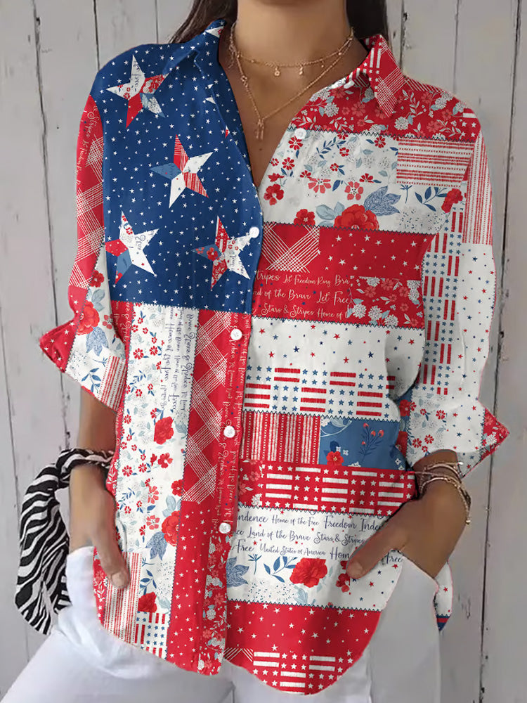 Comstylish Women's Independence Day Artistic Patchwork Graphic Print Comfortable Shirt