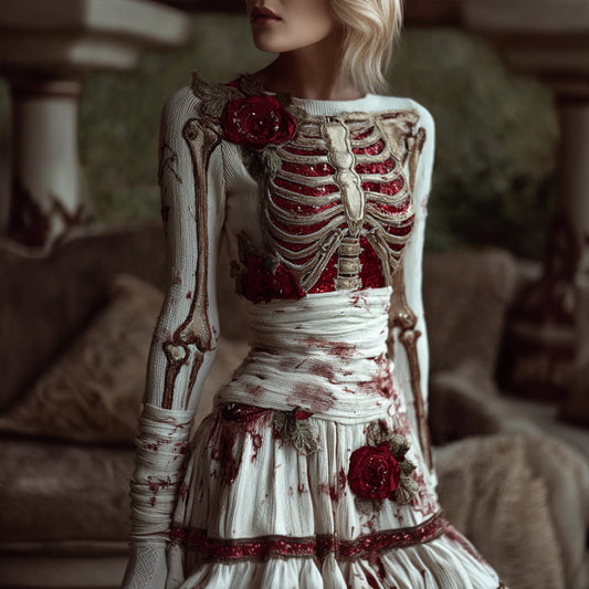 Women's Halloween Skeleton Rose Bandage Shattered Dress artswardrobe