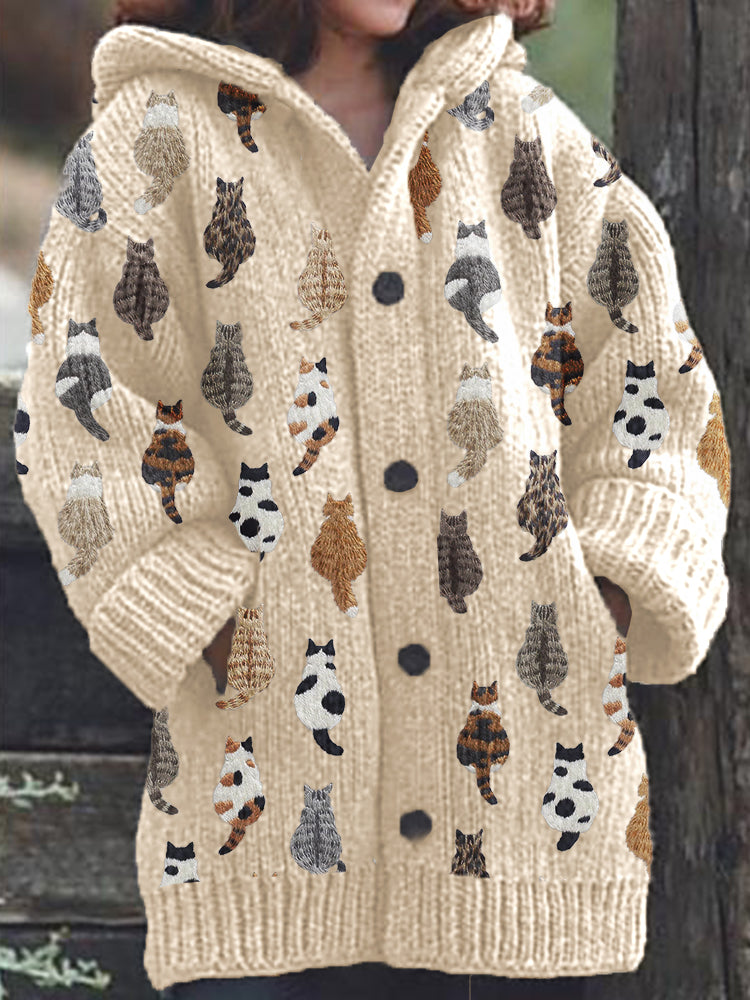 Cats Embroidery Pattern Cozy Knit Hooded Cardigan elevenforest