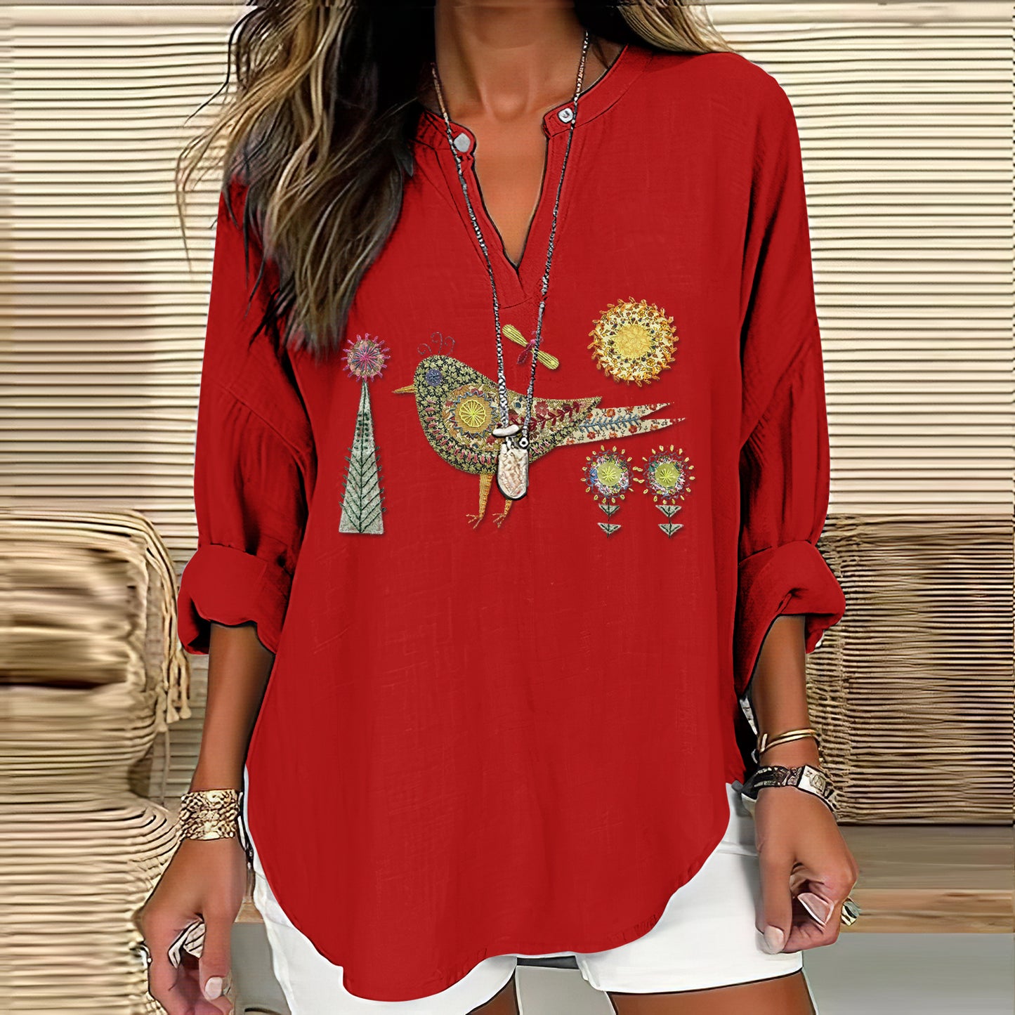 Women's Vintage Ethnic Floral Bird Art Embroidery V-neck Shirt artswardrobe