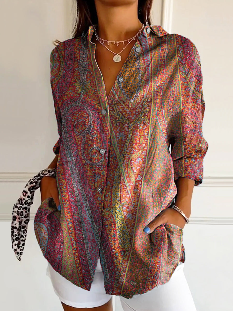Women's Retro Paisley Floral Art Print Casual Cotton Shirt