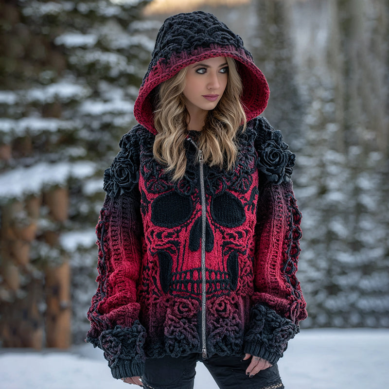 Women's Vintage Viking Tribal Celtic Skull Gradient Art Cozy Knitted Hooded Cardigan artswardrobe
