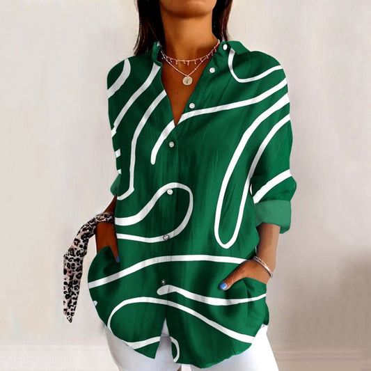 Comstylish Women's Stripe Art Print Casual Linen Blend Shirt
