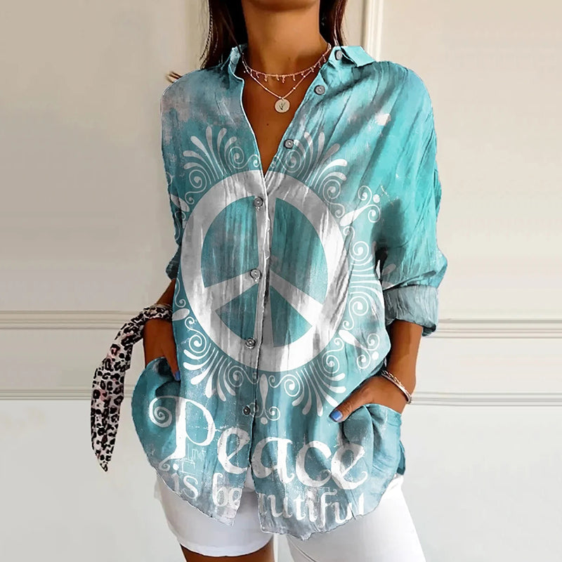 Comstylish Women's Hippie Peace Print Casual Shirt