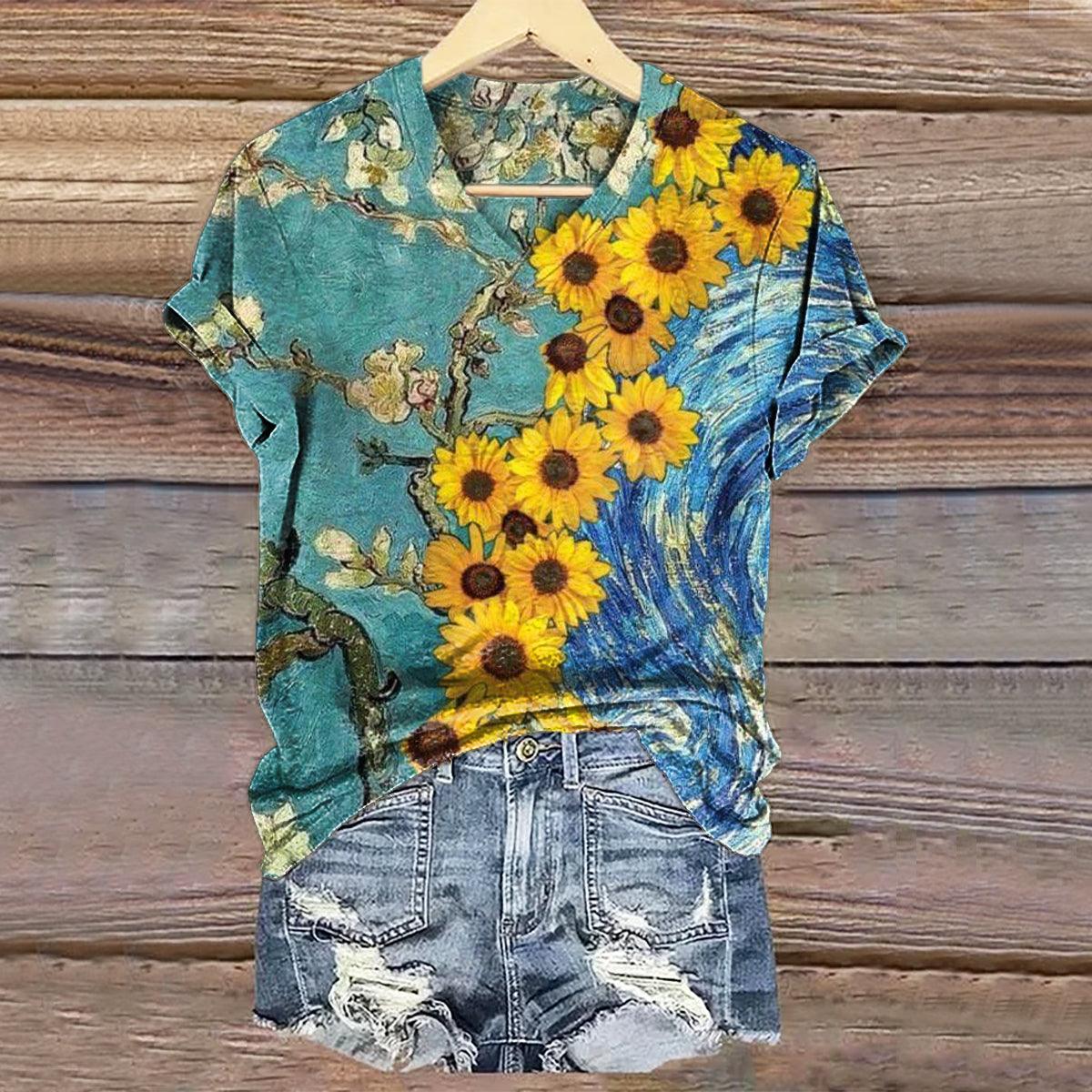 Women's Bohemian Floral Art Print V-neck Casual T-Shirt
