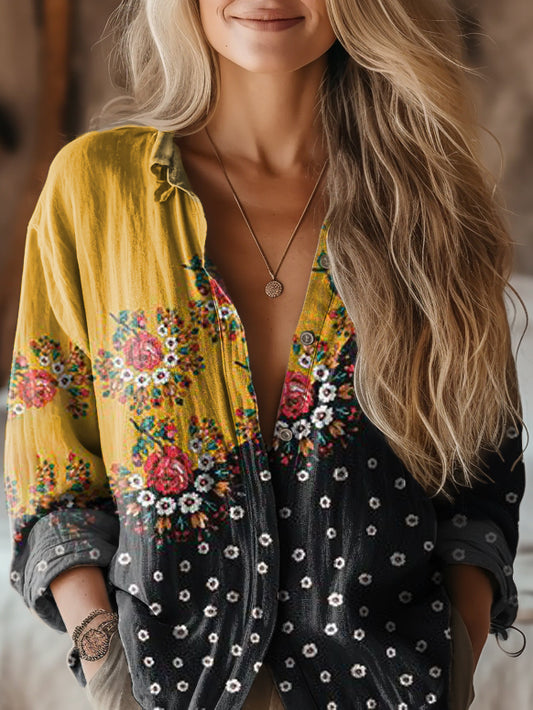 Women's Floral Colorblock Art Print Casual Cotton Shirt