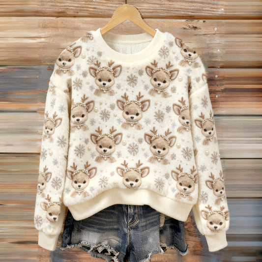 Women's Cute Christmas Elk Pearl Art Comfort Plush Sweatshirt
