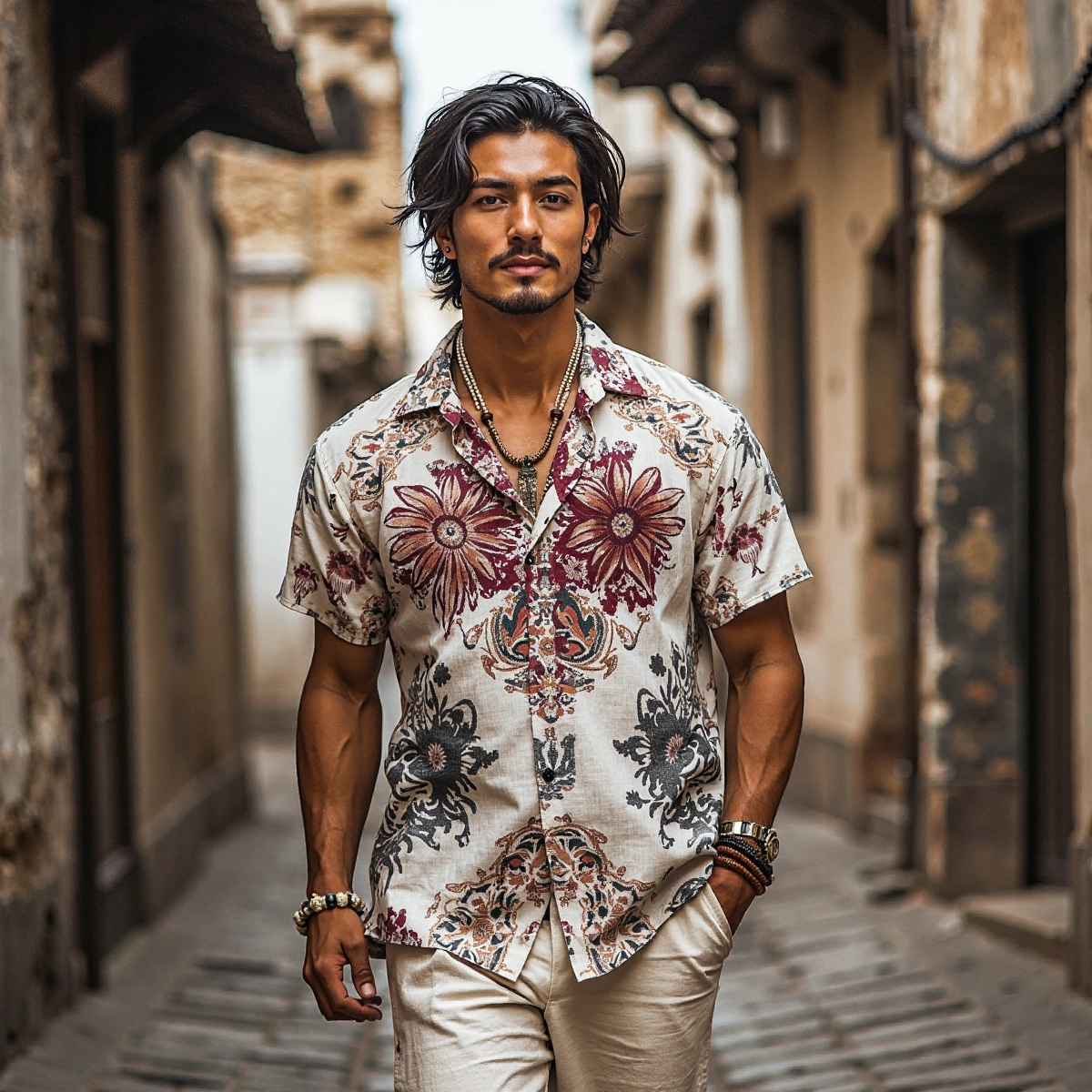 Men's Floral Linen Casual Short Sleeve Shirt artswardrobe