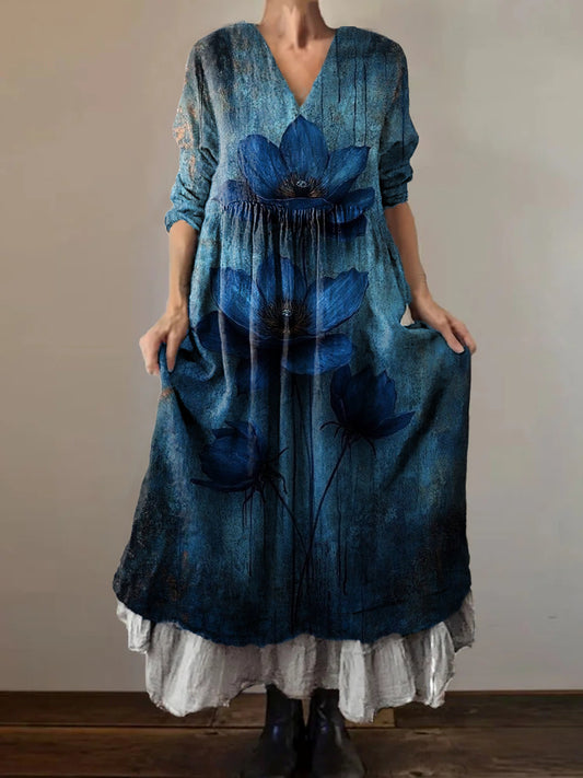 Women's Vintage Floral Art Print V-Neck Button Pocket Cotton Dress