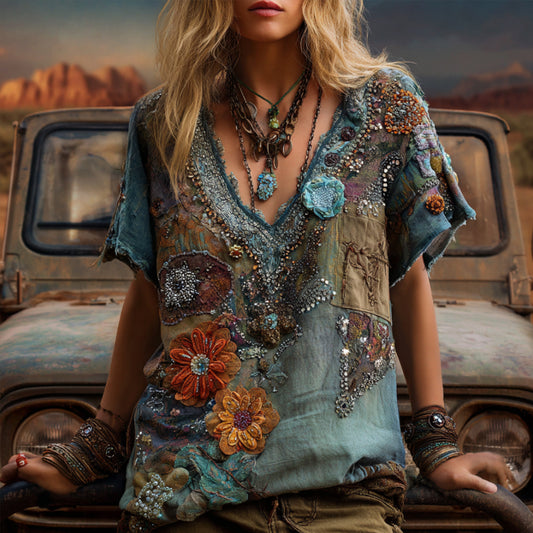 Western-style Swaying Silesian Flower V-neck Short-sleeved Top artswardrobe