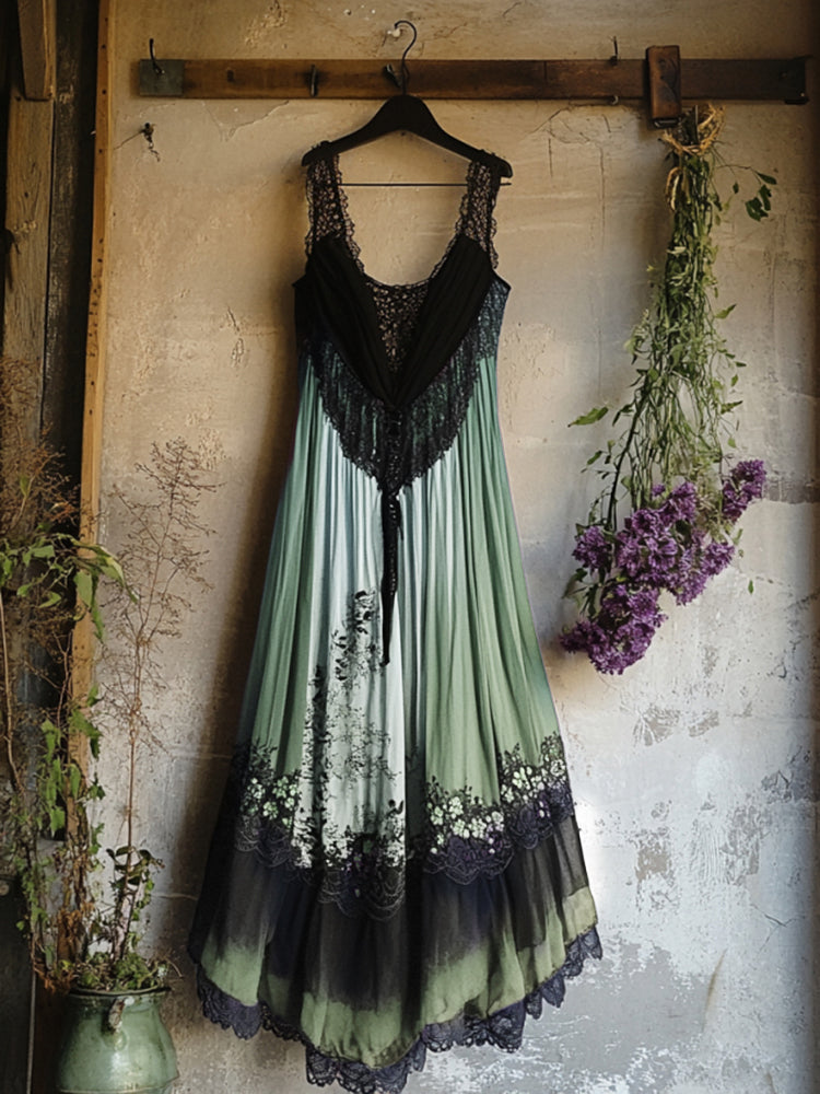 Boho Floral Embroidered Pattern Lace Patchwork Art Linen Dress artswardrobe