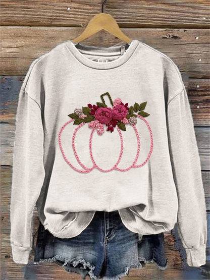 Thanksgiving Pink Pumpkin Floral Embroidered Sweatshirt artswardrobe