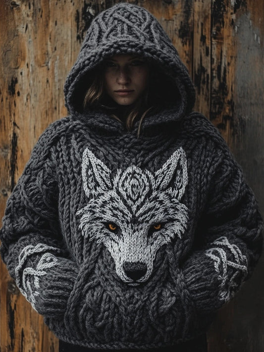 Viking Wolf Inspired Celtic Chunky Cozy Hooded Sweater artswardrobe