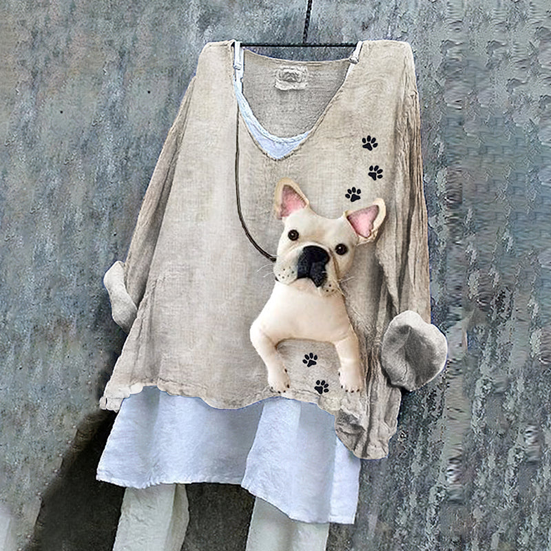 Women's Fun French Bulldog Applique Art Linen Blend Vintage Shirt artswardrobe