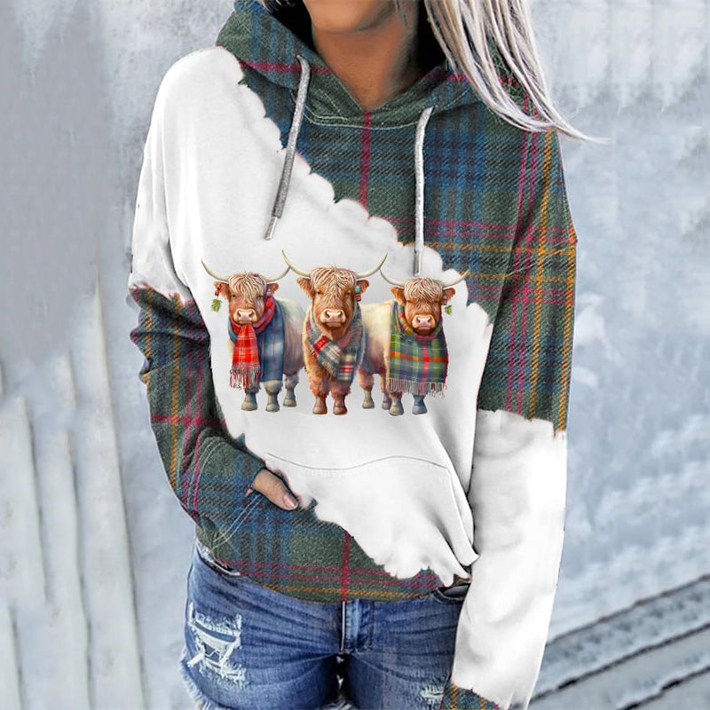 Comstylish Women's Western Highland Cow Plaid Print Casual Hooded