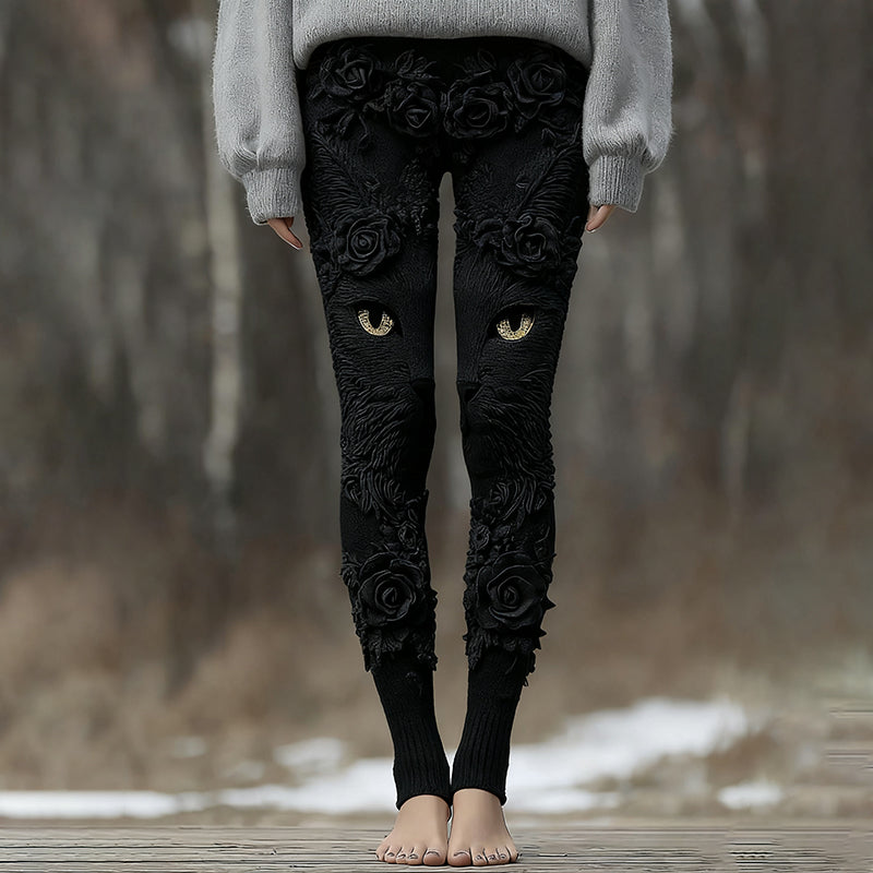 Vintage Cute Cat Face With Roses Art Embroidered Cozy Knit Leggings elevenforest